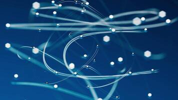 astratto animazione con in movimento brillante Linee collegamento metallico sfere. il sfocatura effetto e dinamico movimento creare un' senso di profondità, fabbricazione esso Perfetto per scientifico, tecnologico progetti video