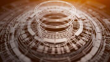 trogen gränssnitt design med roterande digital ringar och kretsar. cyklisk animering visa upp modern Hej tech och sci fi estetik i abstrakt rörelse. video