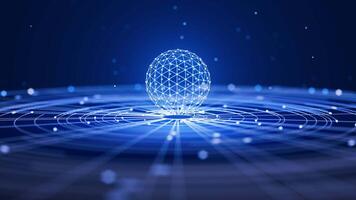 Looped animation of a glowing digital sphere with connected nodes, floating above futuristic grid lines on a dark blue background. Perfect for tech, AI, or blockchain themes. video
