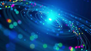 abstrato desatado ciclo mostrando néon luz caminhos e vívido partículas rotativo por aí uma central brilho, simbolizando cósmico energia, futurista movimento, e digital dinâmica. video