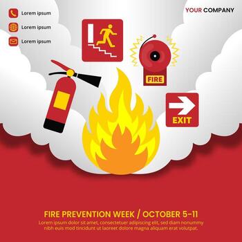 Fire Prevention Week design with a fire and an extinguisher vector