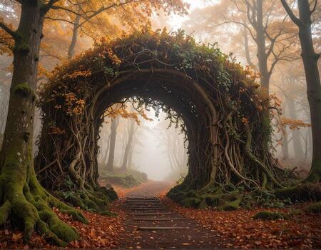 A path through a forest with a tree arch photo