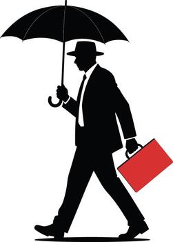 Man in suit with umbrella and red briefcase walking in rain silhouette vector