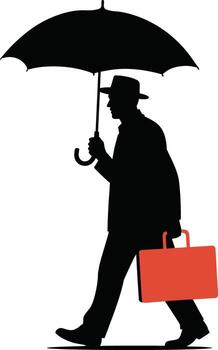 Man in hat with umbrella and briefcase walking in silhouette vector