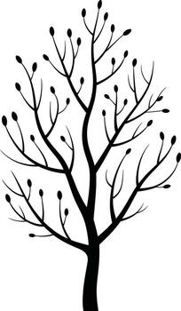 Striking black silhouette of a bare tree with small buds on its branches vector