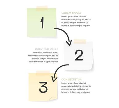 Infographic template with three steps with paper notes and hand drawn arrows vector