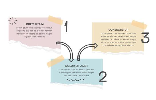 Infographic template with three options with paper notes and arrows vector