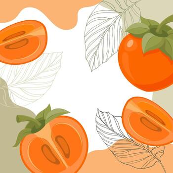 Persimmon fruit background. A composition of ripe persimmons with organic shapes and leaves on an abstract background. Card, banner, poster. vector