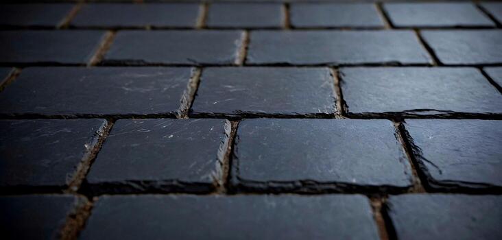 Textured dark slate roof tiles close up with shallow depth of field creating a modern, elegant backdrop photo