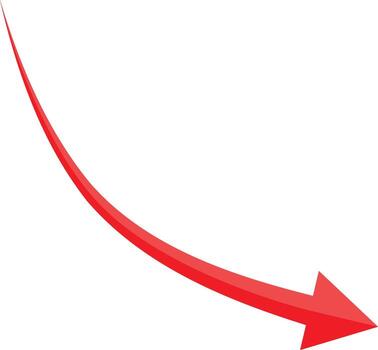 Curved red arrow pointing to the down fall on transparent background. vector