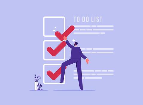 Businessman tick finished working project task checkbox on todo list, complete to do list concept vector