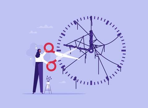 Businesswoman use scissors to cut controlled strings on clock metaphor of time management vector