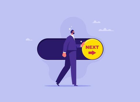 Businessman push switch button with the word next to on position, next level or step in business or concept vector