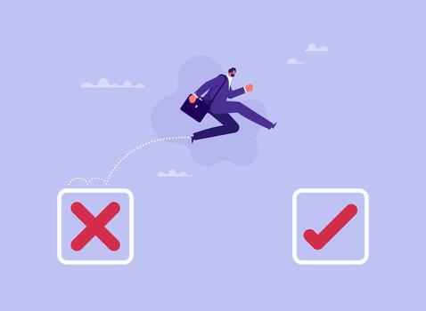 Businessman jump from crossed check box to ticked check box, development in work, career improvement, learning from mistakes for success concept vector