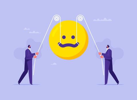 Businessman with string to control scowling to smile face, control emotion or expression concept vector
