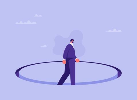 Businessman walks round in circles, metaphor of unsolvable problems, unsolvable problems concept vector
