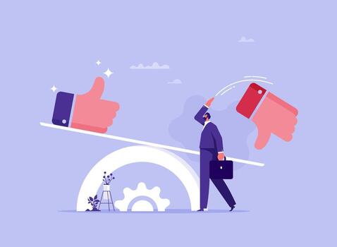 Businessman balancing thumbs up and down vector