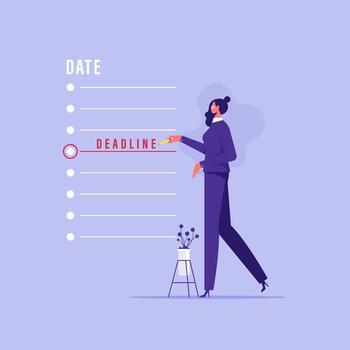 Business operations planning and scheduling concept, businesswoman fills in calendar business deadlines or marks in list of deadlines to work vector