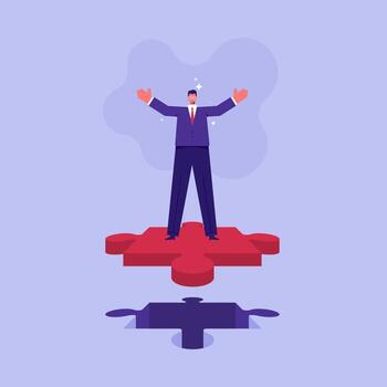 Businessman standing on a big last missing part of Jigsaw as solving problem to success project, completion mission concept vector