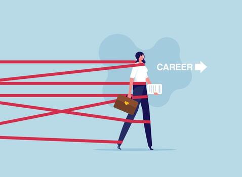 Business difficulty or struggle with career obstacle, Limitation and trap or challenge to overcome success, businesswoman trying to run away with full effort from tied up with red tape vector