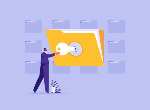 Businessman using security key to access digital files, cyber security services to protect personal documents and data vector