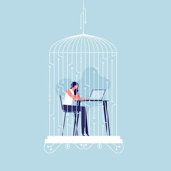 Digital detox and internet addiction bundle concept, businesswoman working on computer in the bird cage, need digital detox. Problems of cyber dependence. Mental burden vector