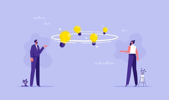 Transfer experience between colleagues, colleagues having conversation with idea light bulbs spinning between them vector
