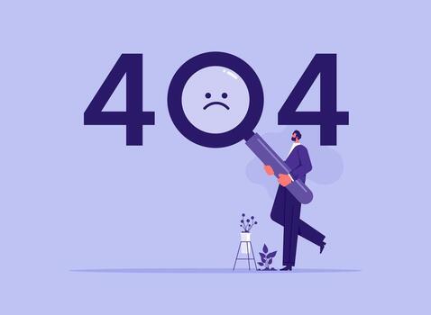 Man looking at website message through magnifying glass and question marks concept 404 Error Page or File not found for web page vector