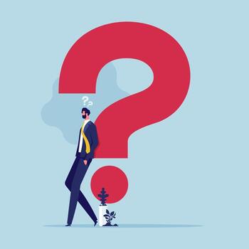 Question or problem solving, think about answer or solution, contemplation, doubt or concentration, FAQ frequently asked questions, doubtful businessman thinking about answer with big question mark vector