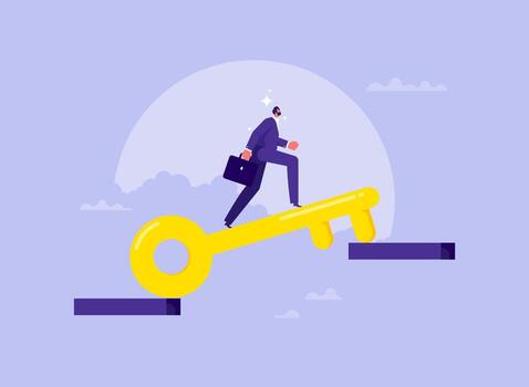Businessman using key instead of bridge and jumping over abyss symbolizing success, concept of solution to problem solving vector