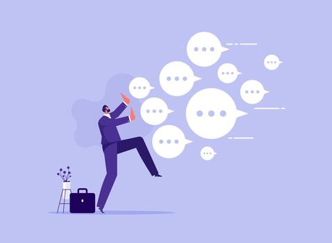 Businessman try to stop many speech bubble, working too hard, overworked, too many messages or spam concept vector