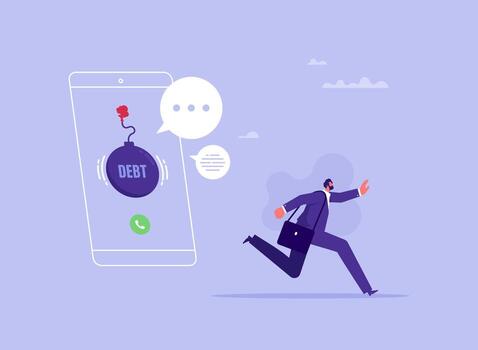 Businessman running away from incoming call with ignited debt bomb, debt payment notification via phone call concept vector