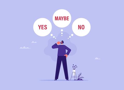 Businessman makes a choice or makes a decision with bubbles and text yes, no, maybe, makes important decision concept vector