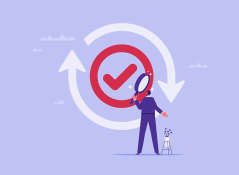 Businessman holding magnifying glass with completed checkbox and circular arrows around, carefulness in working concept vector