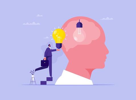 empresario reemplazar nuevo bombilla idea en el cerebro en cabeza, conocimiento o creatividad a resolver problema concepto vector