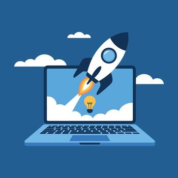 ordenador portátil mostrando un cohete lanzamiento con un bombilla y nubes computadora tecnología vector