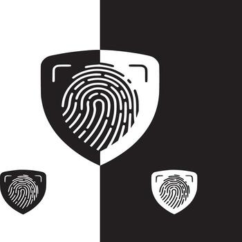 Black and white shield emblem with a fingerprint inside, isolated on white background vector