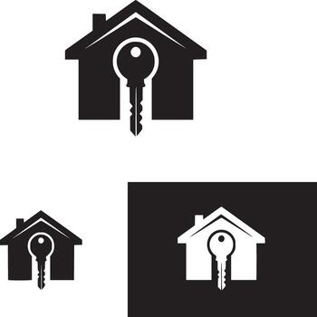 Black house icon with a key inside, isolated on white background vector