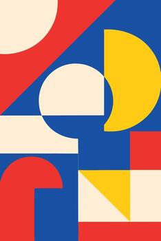 Abstract geometric composition featuring a large yellow circle overlapping a blue circle on a mondrian inspired background vector