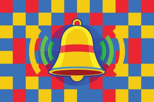 Yellow Bell with Colorful Sound Waves on Patterned Background vector