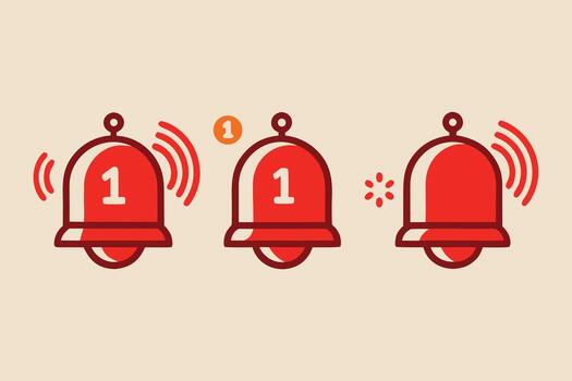 Three Red Notification Bells With Number One And Sound Waves. vector