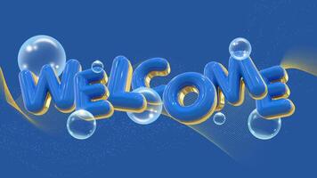 3d Välkommen text med blå glansig brev, guld översikt, och flytande bubblor på abstrakt bakgrund video