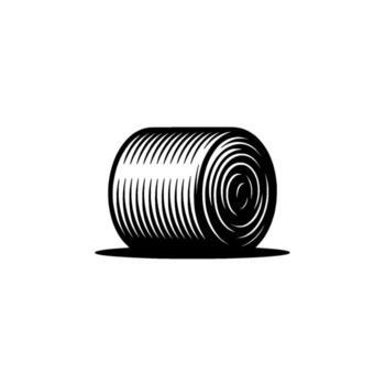 A monochrome illustration of a tightly rolled hay bale depicted in a woodcut engraving style with subtle shading and a soft shadow on a light gray background vector