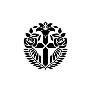 silhouette emblem featuring a Christian cross embraced by roses lilies and laurel branches set against a plain backdrop vector