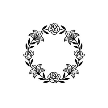 Elegant line art circular floral wreath featuring alternating lilies and roses with leaves on a plain background creating a sophisticated botanical frame vector