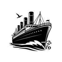 un sorprendentes ilustración de un grandioso Oceano transatlántico con cuatro icónico embudos corte mediante estilizado olas debajo un claro cielo con un solitario Gaviota en vuelo vector