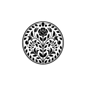 A detailed silhouette of a blooming rose with intricate branches leaves and berries enclosed within a circular border on a plain background vector