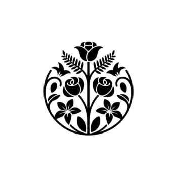 un simétrico silueta emblema presentando Tres estilizado rosas y floral elementos arreglado en un circular modelo en contra un llanura apagado antecedentes vector