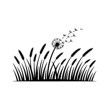 A minimalist silhouette of a dandelion with seeds blowing in the wind against a background surrounded by stylized wheat stalks vector