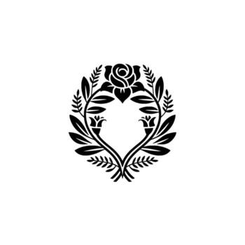 Elegant silhouette of a symmetrical floral crest featuring a central rose bloom flanked by curved stems with leaves and stylized buds forming a heart shape on a plain background vector